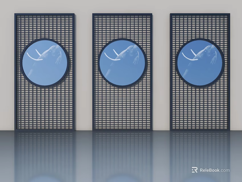 Modern Flat Doors With Circular Blue Bird Pattern And Grid Design 3d model