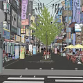 Bustling Shopping Street Featuring Shops Trees And Scooter On City Road