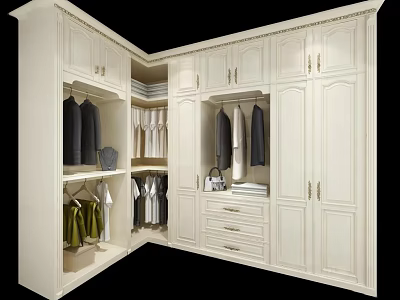 White Classic Wardrobe Interior With Hanging Clothes Drawers And Storage Shelves 3d model