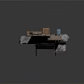 Rustic Sculpture Carving Setup With Wooden Tables Stone Bricks Large Rocks And Metal Bucket