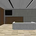 Modern Front Desk Reception Area With Gray Wall Wooden Flooring And Black Screen