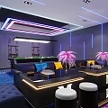 Modern KTV Interior With Pool Table Sofa Neon Lights Blue Carpet And Pink Plants