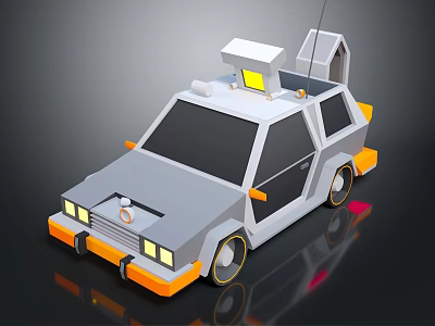 Low Poly Style Gray And Orange Car With Roof Antenna Small House And Yellow Headlights 3d model