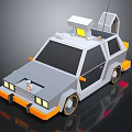 Low Poly Style Gray And Orange Car With Roof Antenna Small House And Yellow Headlights