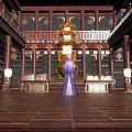 Ancient Chinese Architecture Interior With Traditional Wooden Beams And Hanging Lanterns