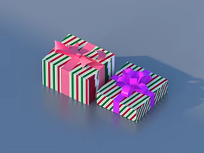Gift Boxes With Red Green Striped Wrapping Pink Purple Bows On Blue Background 3d model
