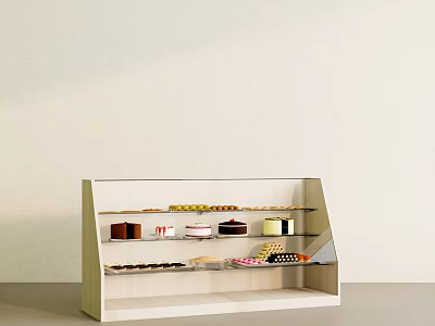 Assorted Delicious Desserts and Cakes in White Display Case with Shelves 3d model
