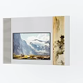 Modern TV Background Wall With Striped Panel And Mountain Landscape
