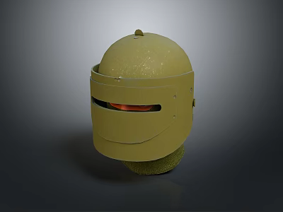 Yellow Dome Shaped Weapon Helmet With Protective Face Shield And Metallic Accents 3d model