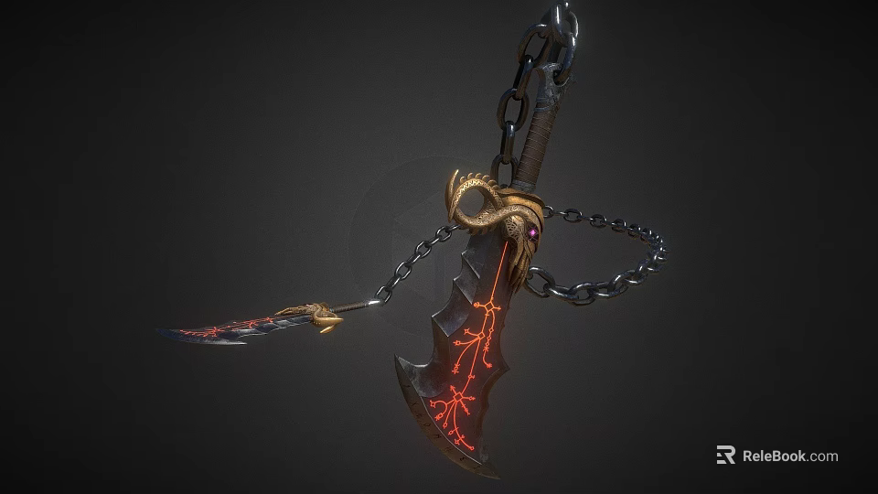 Fantasy Weapon With Chain Golden Decorations And Red Glowing Patterns 3d model 