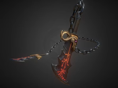 Fantasy Weapon With Chain Golden Decorations And Red Glowing Patterns 3d model