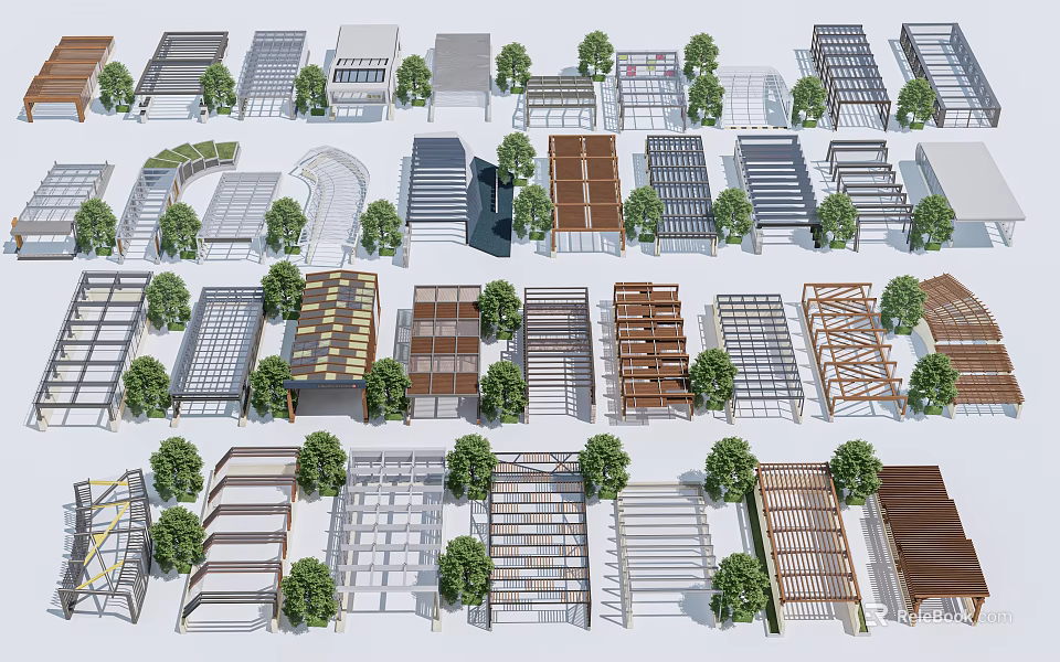 Various Roof Designs Featuring Different Materials And Surrounding Green Trees 3d model