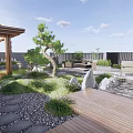 Tranquil Roof Garden Design With Lush Greenery Wooden Pavilion And Stone Pathways