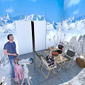 Indoor Snow Mountain Scene With Girls Interacting At Table And Telescope