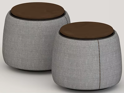 Two Round Upholstered Stools With Gray Body And Brown Seat Tops 3d model