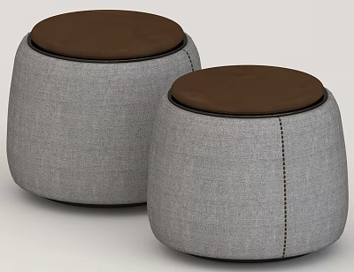 Two Round Upholstered Stools With Gray Body And Brown Seat Tops 3d model