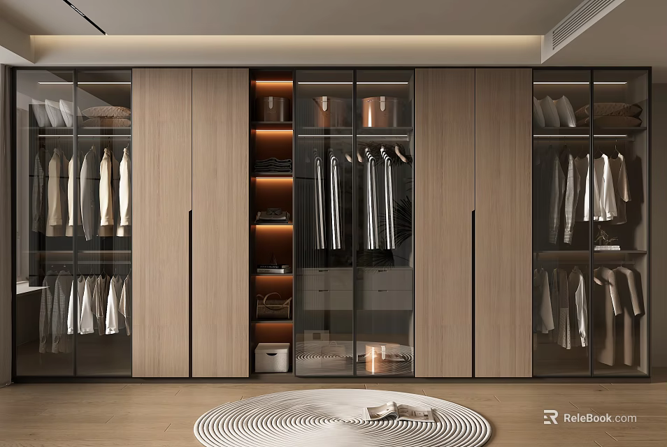 Modern Wardrobe Interior Design With Glass Doors Hanging Clothes And Wooden Panels 3d model 