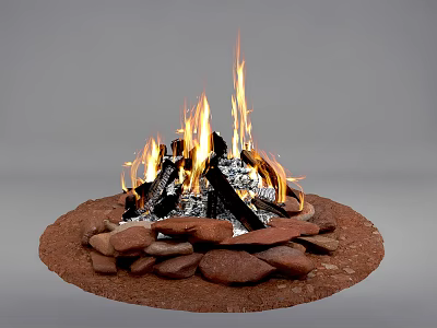 Outdoor Garden Fire Pit Decor With Circular Stone Base And Burning Logs Flames 3d model