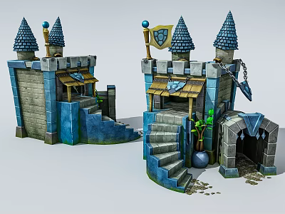 Cartoon Castle Entrance With Pointed Towers Stone Walls Wooden Stairs And Blue Flag 3d model
