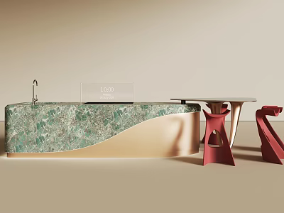 Stylish Modern Interior Design With Green Marble Island And Red Chairs 3d model