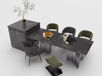 Modern Marble Dining Table Set With Four Chairs Fruit Bowl And Small Plant 3d model