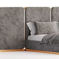 Modern Double Bed with Upholstered Gray Green Headboard Gold Accent Pillows and Soft Blanket Design