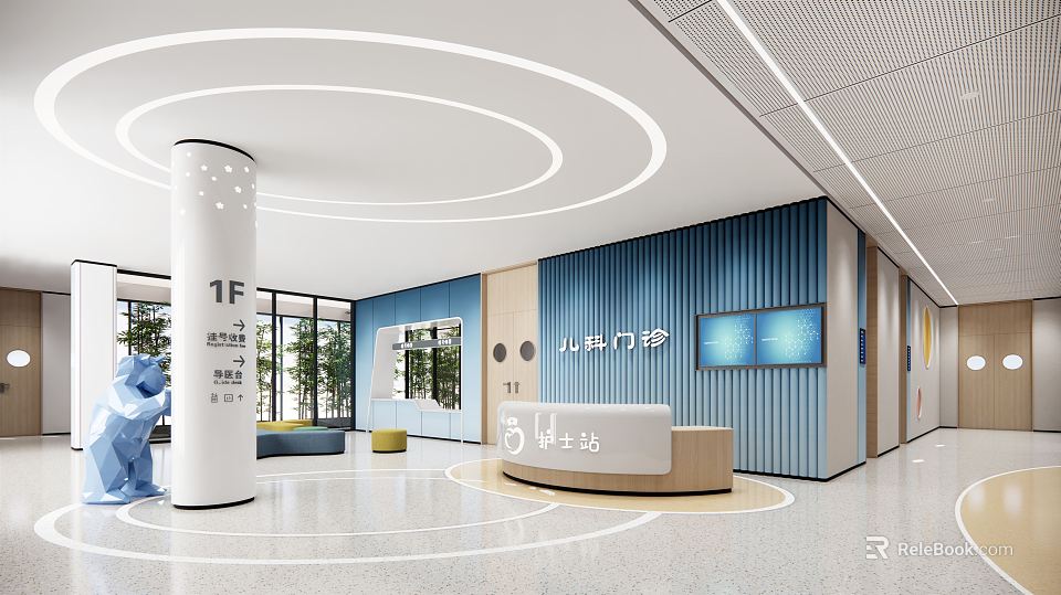 Bright Hospital Pediatric Outpatient Clinic 1st Floor with Blue Wall and Reception Desk 3d model 
