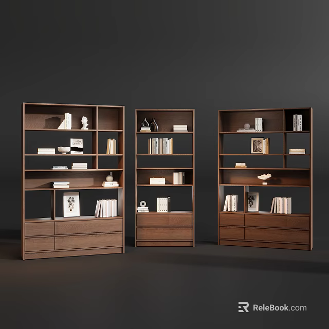 Contemporary Walnut Wooden Bookcase Set With Bottom Drawers For Home Book Storage And Decor 3d model 