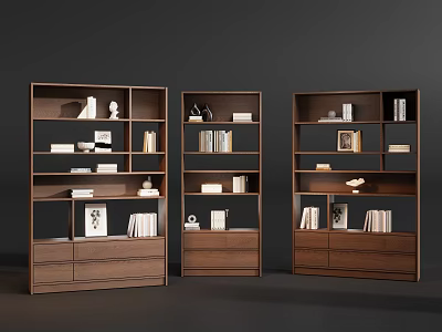 Contemporary Walnut Wooden Bookcase Set With Bottom Drawers For Home Book Storage And Decor 3d model