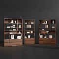 Contemporary Walnut Wooden Bookcase Set With Bottom Drawers For Home Book Storage And Decor