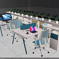 Modern Office Interior With Multiple Office Desks Ergonomic Chairs Computers And Potted Plants 3d model