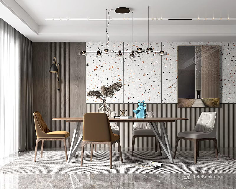 Modern Dining Table Set With Chairs Hanging Lights And Patterned Wall Interior 3d model