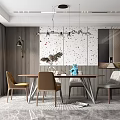 Modern Dining Table Set With Chairs Hanging Lights And Patterned Wall Interior 3d model