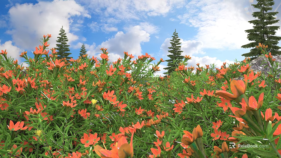 Vibrant Orange Flower Field Under Blue Sky With White Clouds And Pine Trees 3d model