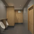Public Restroom Interior With Wooden Stall Doors Tiled Walls Mirror And Double Sink