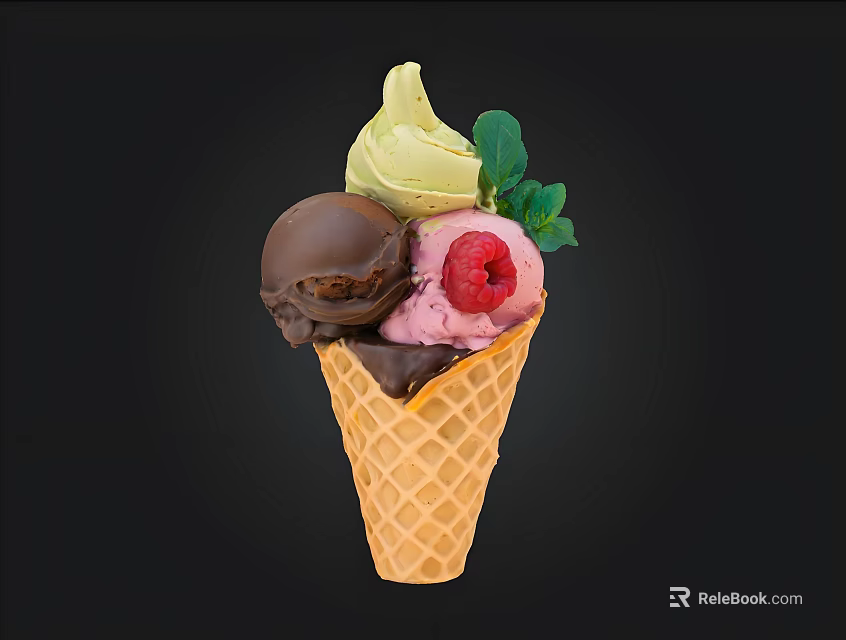 Colorful Ice Cream Scoops In Waffle Cone With Mint Leaves And Raspberry Topping 3d model 
