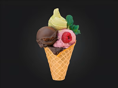 Colorful Ice Cream Scoops In Waffle Cone With Mint Leaves And Raspberry Topping 3d model