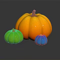 Three Vibrant Orange Green And Blue Pumpkins on Black Background with Reflection