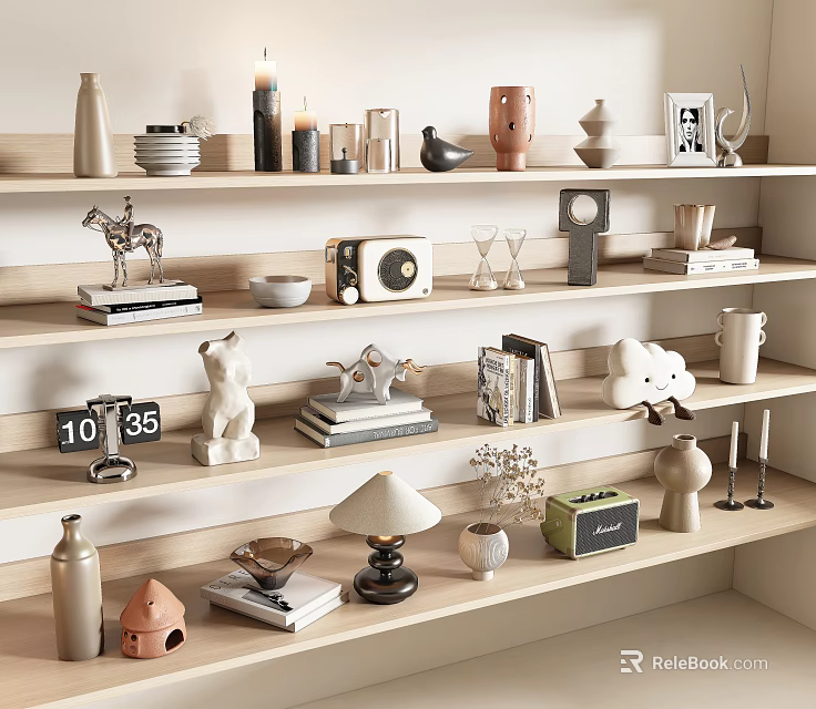 Modern Decorative Ornaments Collection On Wooden Shelves With Vases Figurines Books Candle Holders And Sculptures 3d model 