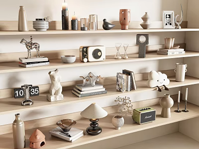Modern Decorative Ornaments Collection On Wooden Shelves With Vases Figurines Books Candle Holders And Sculptures 3d model