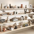 Modern Decorative Ornaments Collection On Wooden Shelves With Vases Figurines Books Candle Holders And Sculptures