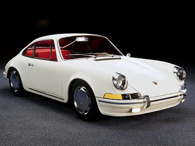 White Classic Porsche Sports Car With Red Interior Parked On Gray Floor Against Black Background 3d model