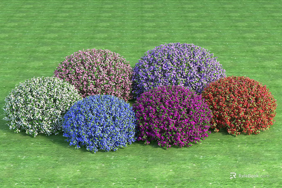 Detached Villa Surrounded By White Pink Blue Purple Red Flower Bushes On Green Lawn 3d model 