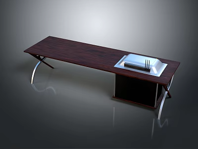 Modern Dining Table With Dark Wooden Top Silver Metal Tray And Chrome Legs 3d model