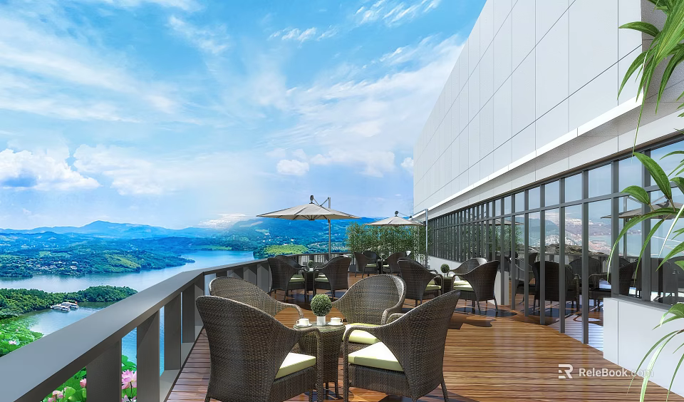 Scenic Balcony With Wooden Floor Rattan Chairs Tables Large Glass Windows Lake Mountain Views Umbrellas 3d model 