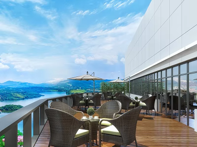 Scenic Balcony With Wooden Floor Rattan Chairs Tables Large Glass Windows Lake Mountain Views Umbrellas 3d model