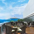 Scenic Balcony With Wooden Floor Rattan Chairs Tables Large Glass Windows Lake Mountain Views Umbrellas