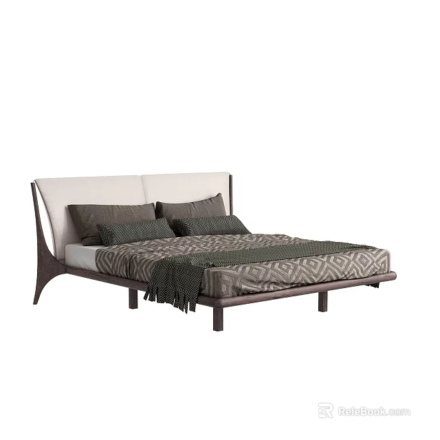 Modern Double Bed With Upholstered Headboard And Geometric Pattern Bedding On Wooden Frame 3d model