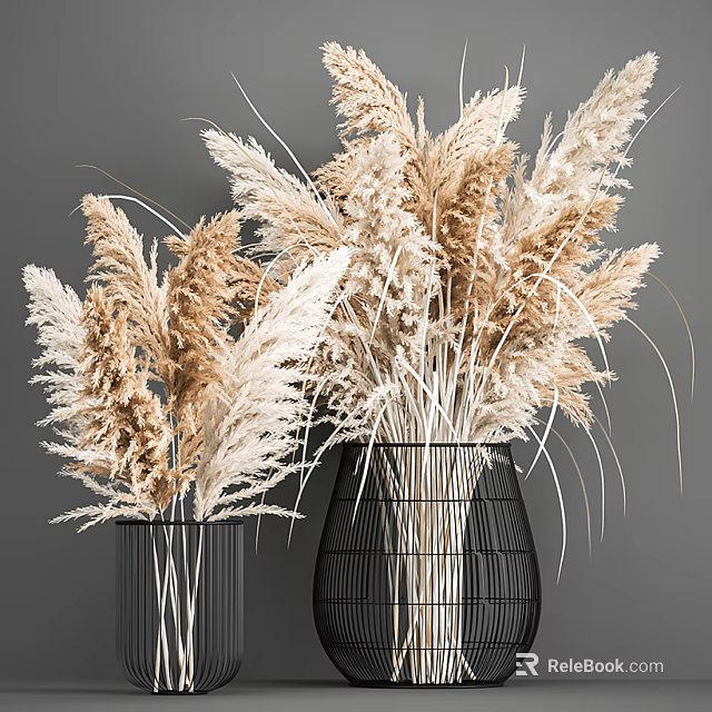 Black Wire Mesh Vases With Light Brown And White Dried Flowers On Gray Background 3d model 