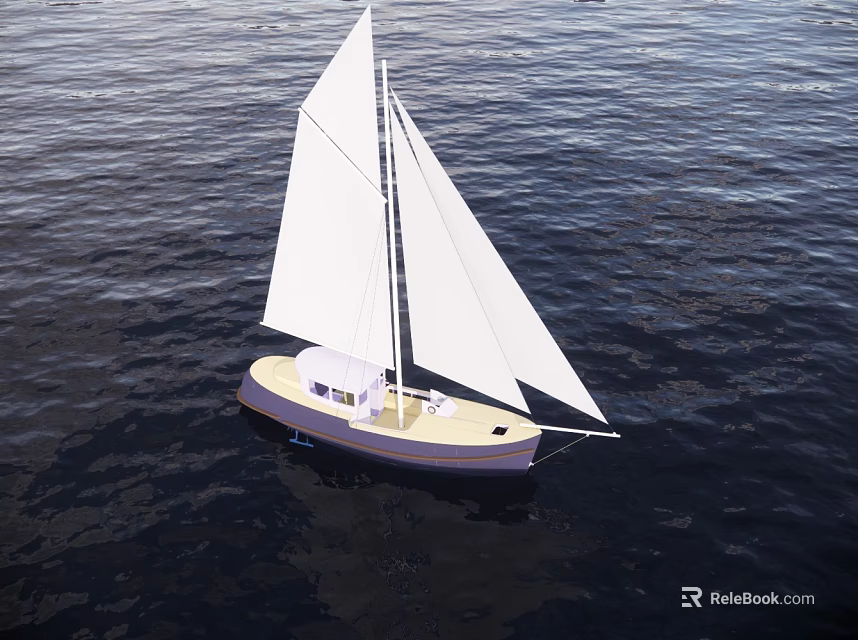 Sailboat With White Sails And Light Colored Hull Sailing On Dark Water 3d model 